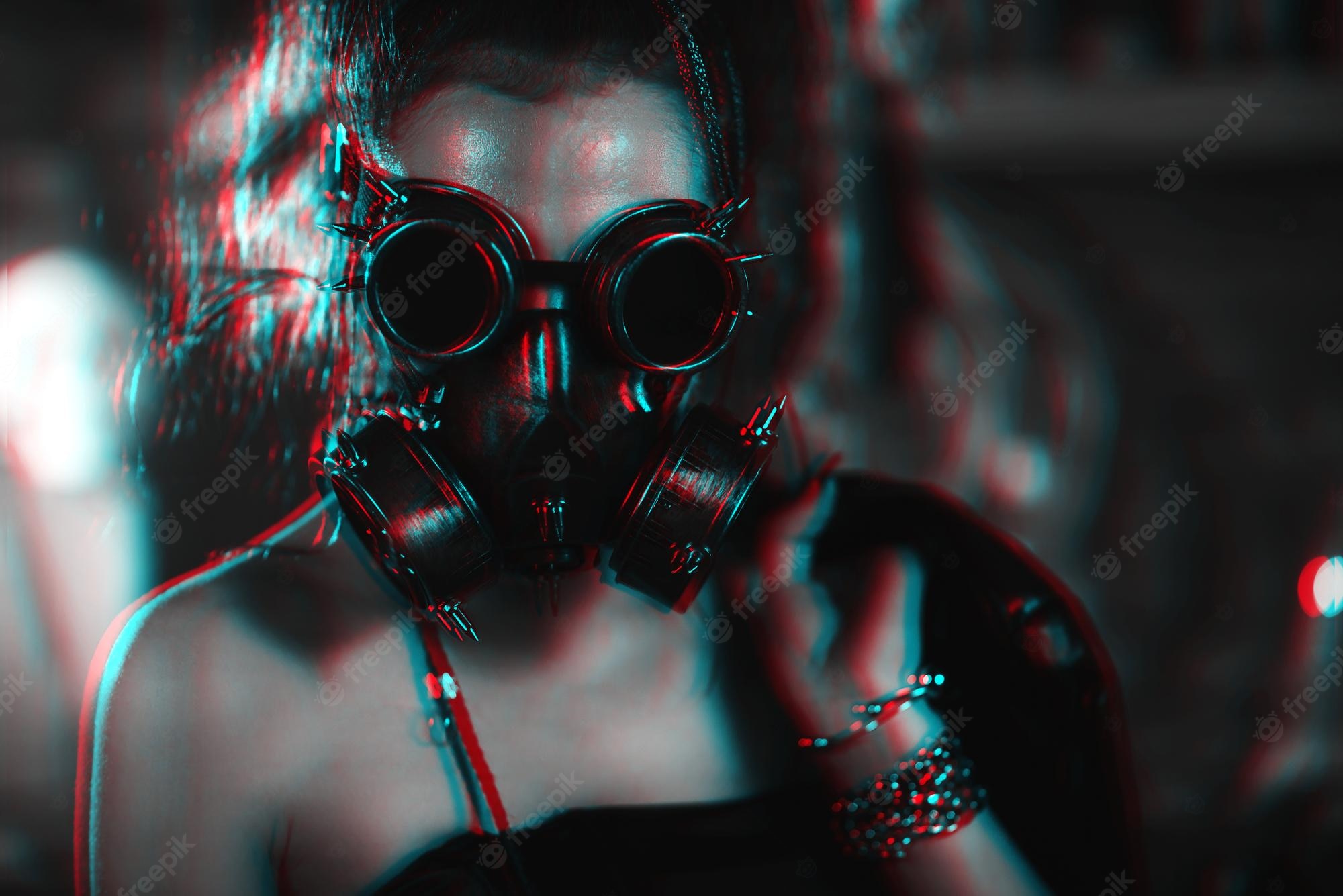 Premium Photo Girl in cyberpunk costume with glasses and gas