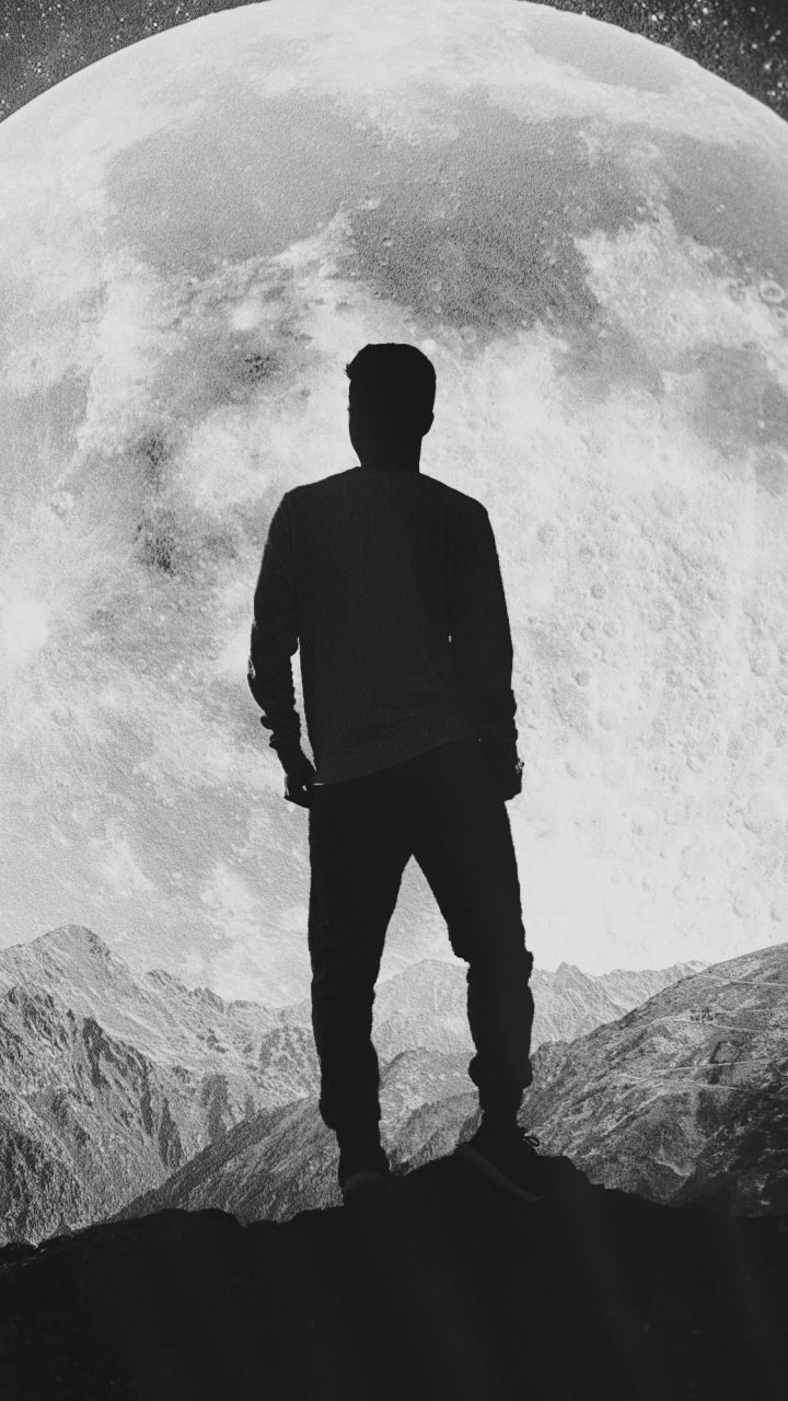 Moon Silhouette Alone Explorer Man Mountains Wallpaper