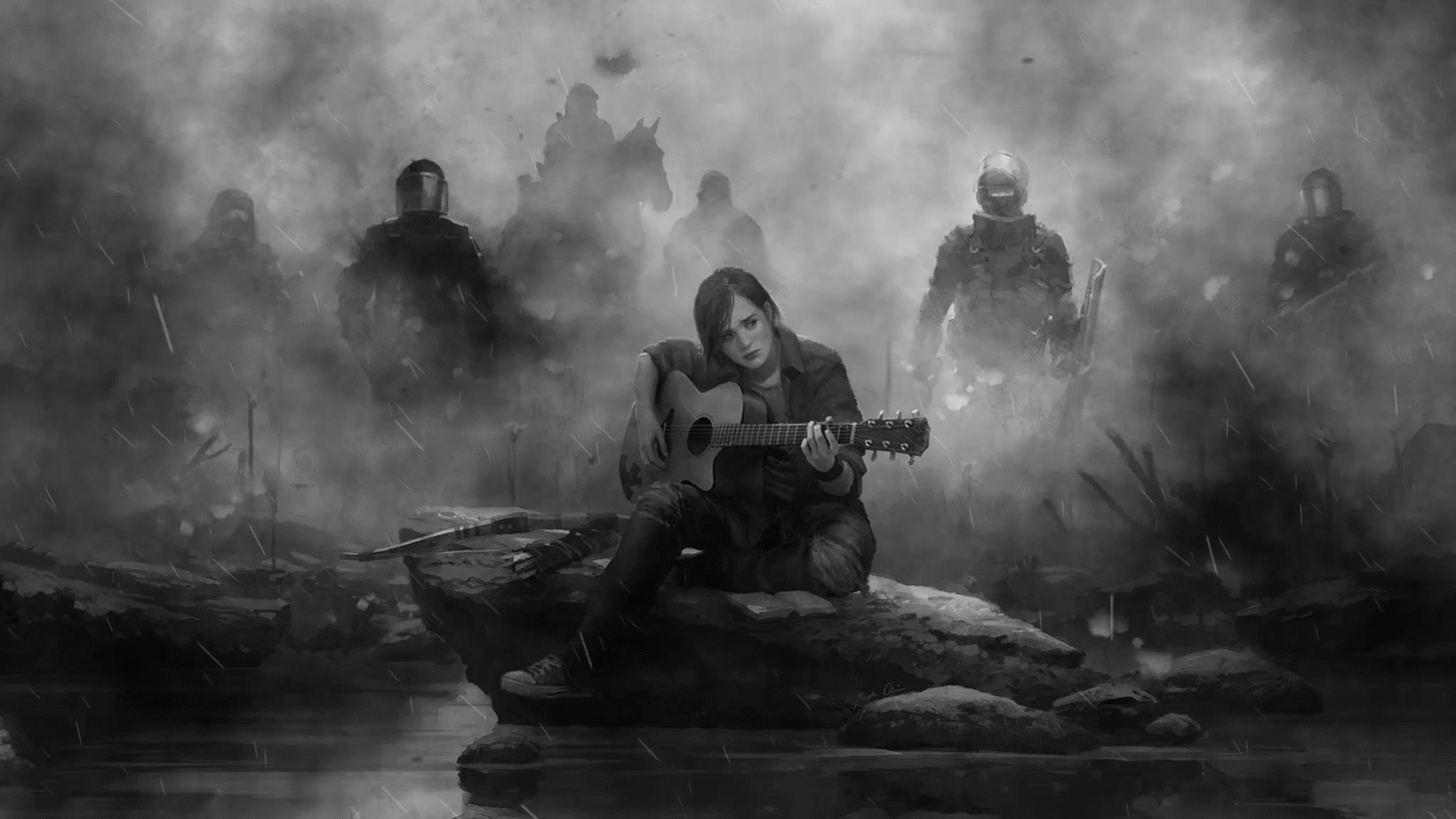 Ellie The Last Of Us Part Guitar Monochrome 4k HD Wallpaper