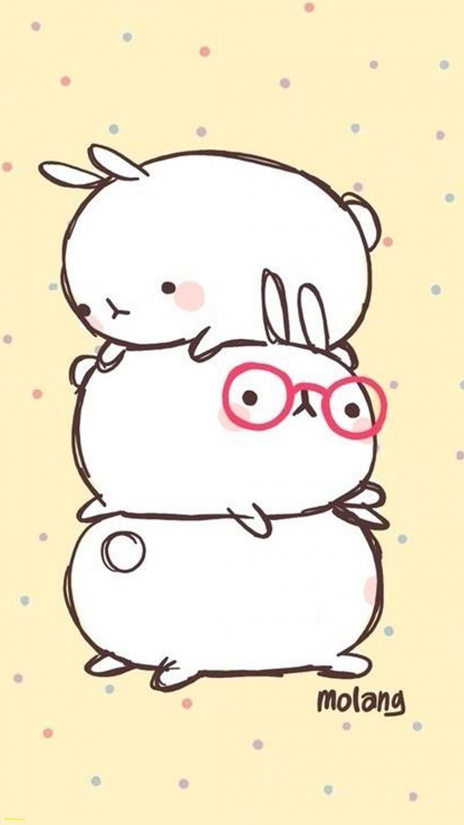 Three adorable cartoon bunnies stacked on top of each other. The top bunny is peeking over the middle bunny, who is wearing pink glasses. The bottom bunny is facing away from the viewer
