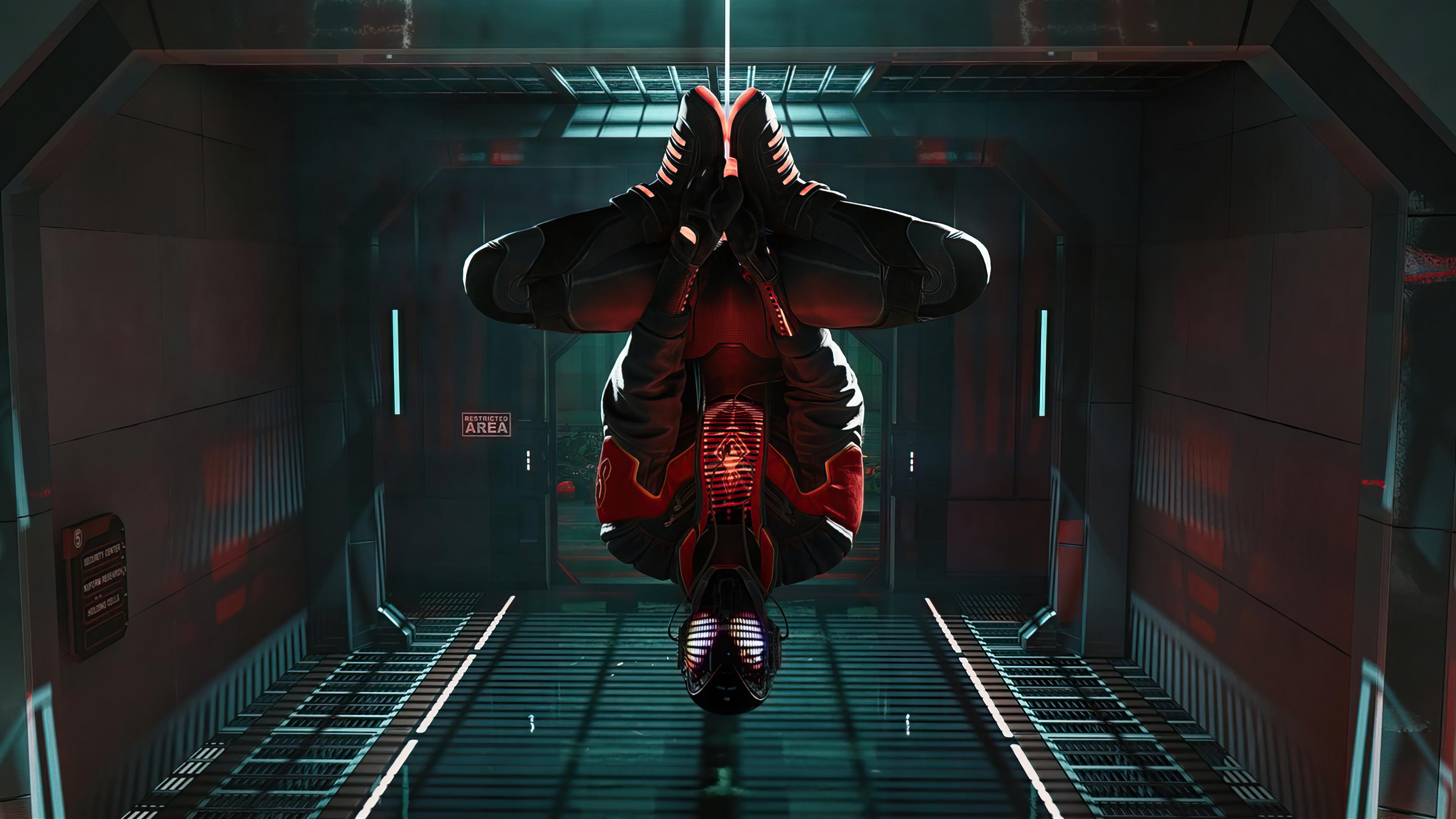 Spider Man Miles Morales Hanging Upside Down Suit HD 4k