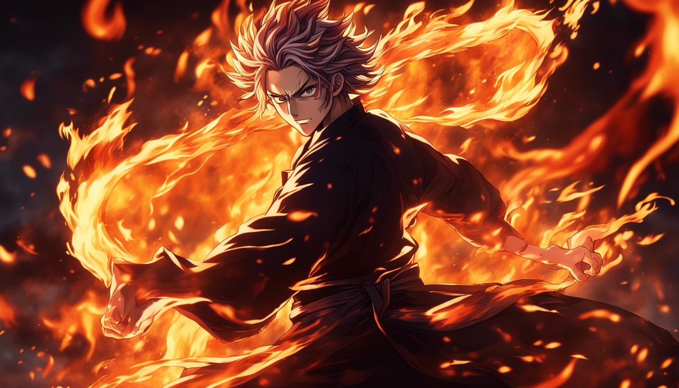 A Vibrant And Fiery HD Wallpaper Featuring Kyojuro Rengoku The Passionate Powerful Flame Hashira From Hit Anime Demon Slayer Incorporate Swirling Flames Dynamic Poses To Capture His Fierce Determined Personality