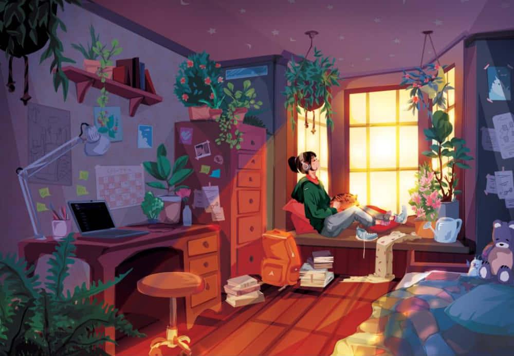 A Girl Sitting In Room With Plants And Books Wallpaper