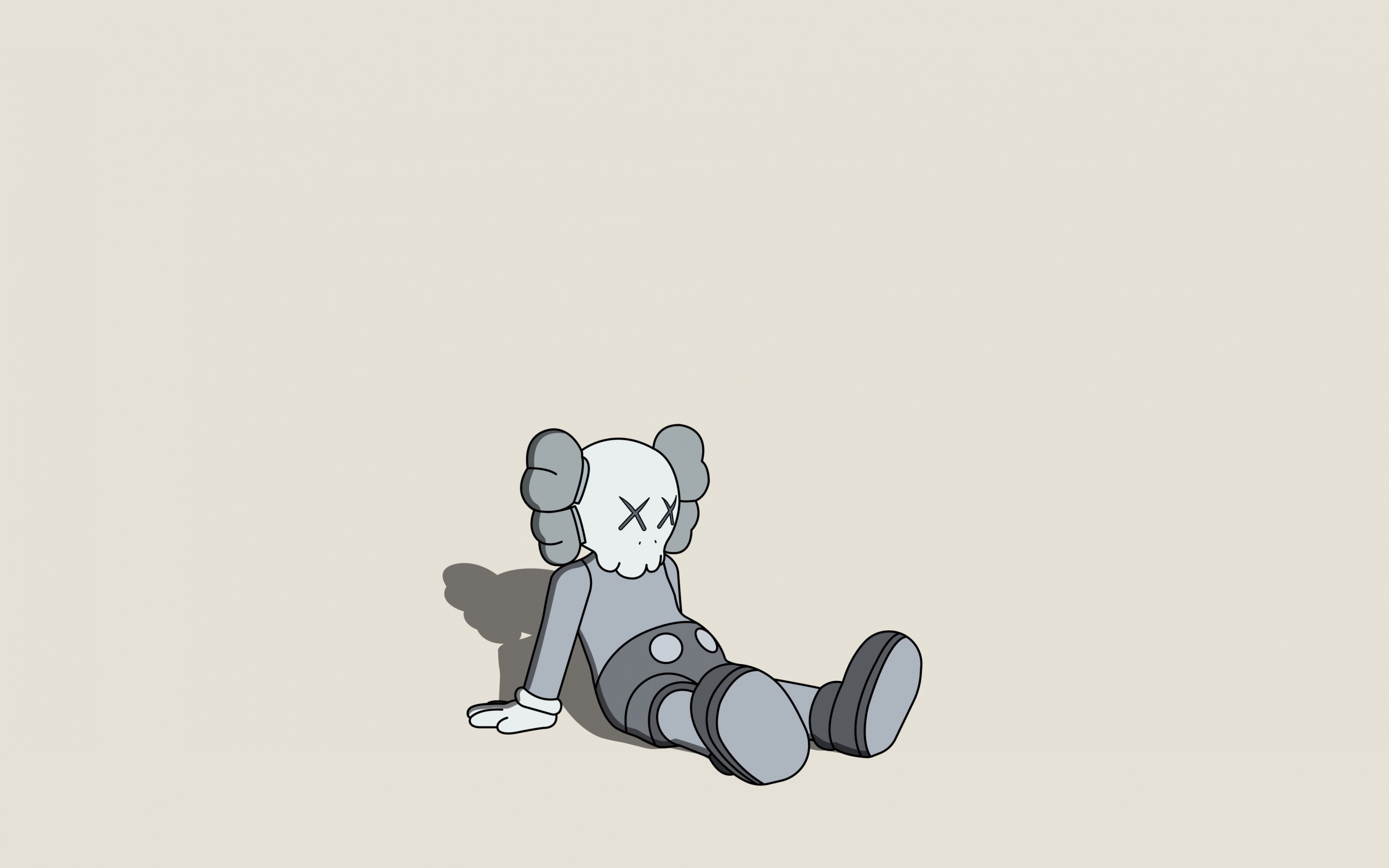 A minimalist illustration of a Kaws Companion figure sitting on the floor against a plain background