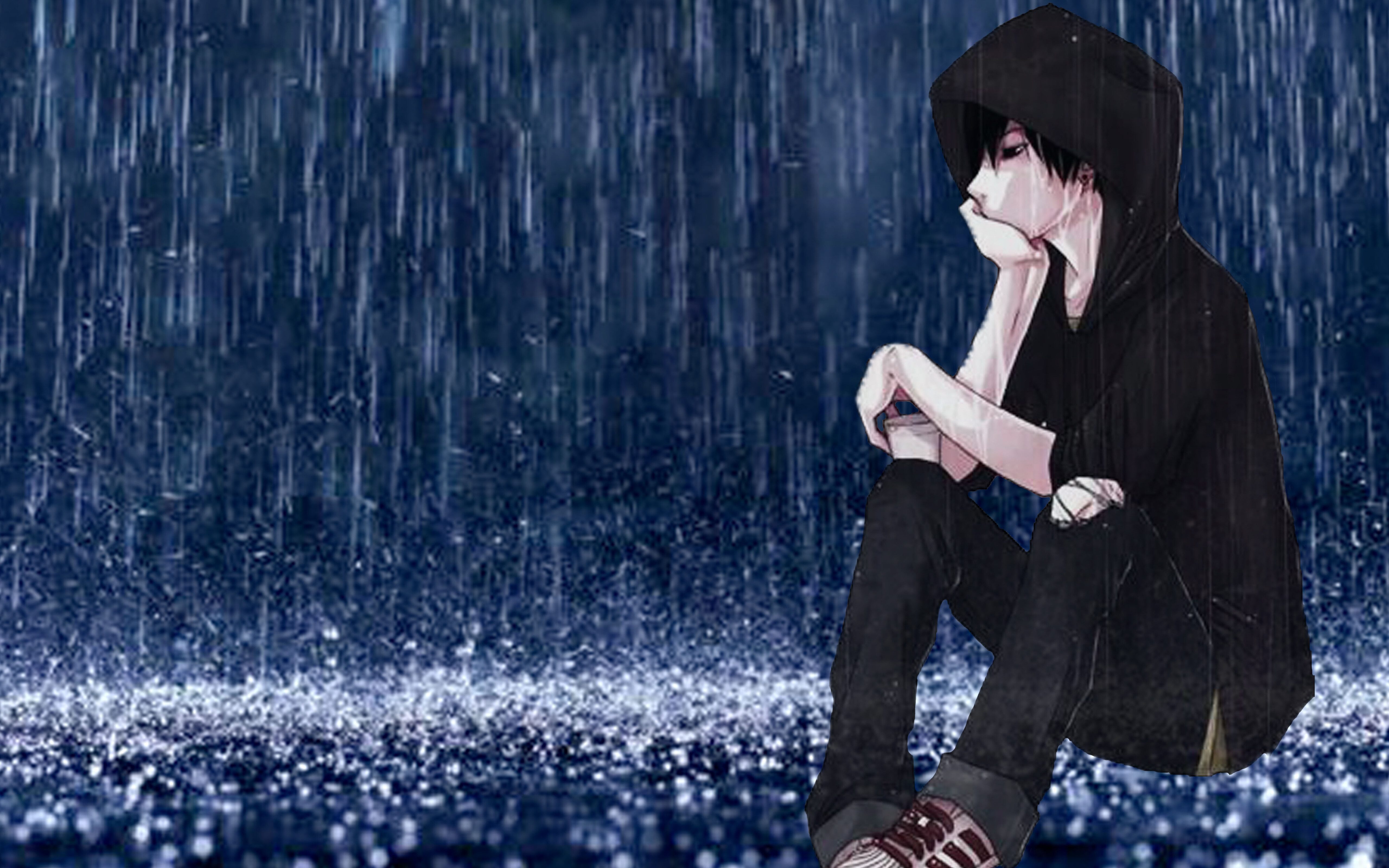 Anime Boy Sitting In The Rain HD Wallpaper