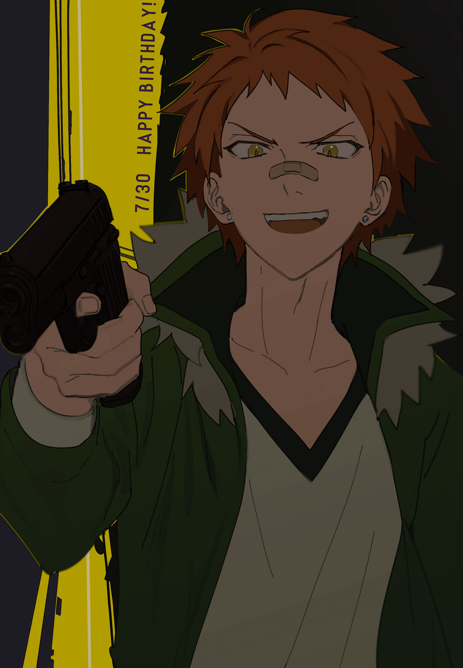 Tachihara Michizou from Bungou Stray Dogs points a gun at the viewer in a menacing birthday wallpaper