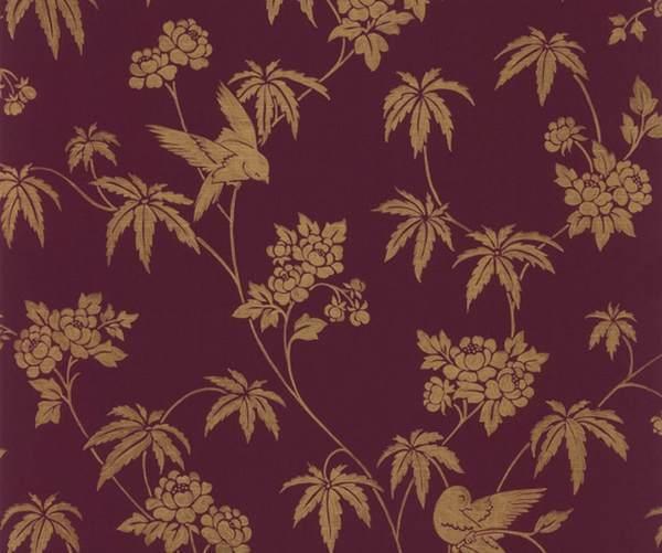 Wallpaper By The Yard Gold Birds Floral Jacobean Toile Burgundy Plum