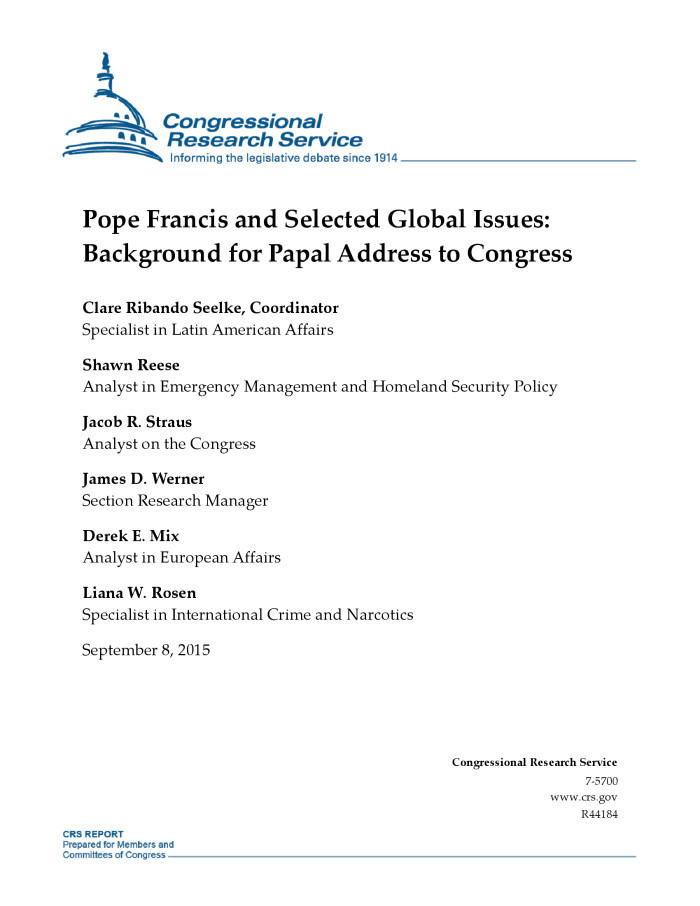 Pope Francis And Selected Global Issues Background For Papal