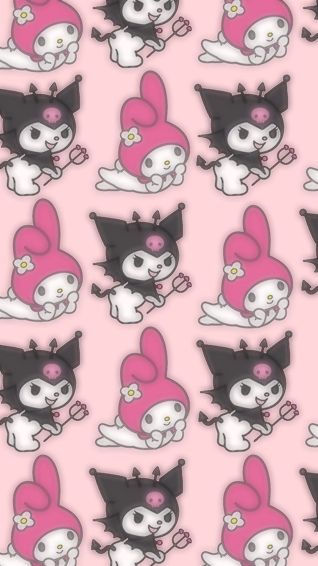 A repeating pattern of Kuromi and My Melody on a pink background, ideal for a Kuromi-themed desktop wallpaper