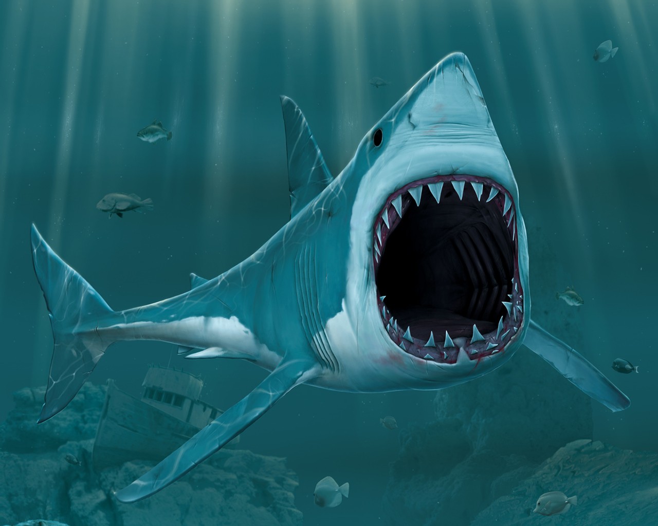 3d Shark Cartoon Open Mouth Sharp Teeth HD Desktop Wallpaper