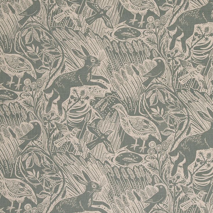 Harvest Hare Fabric In Dawn Grey On Oatmeal Linen Designed By Mark