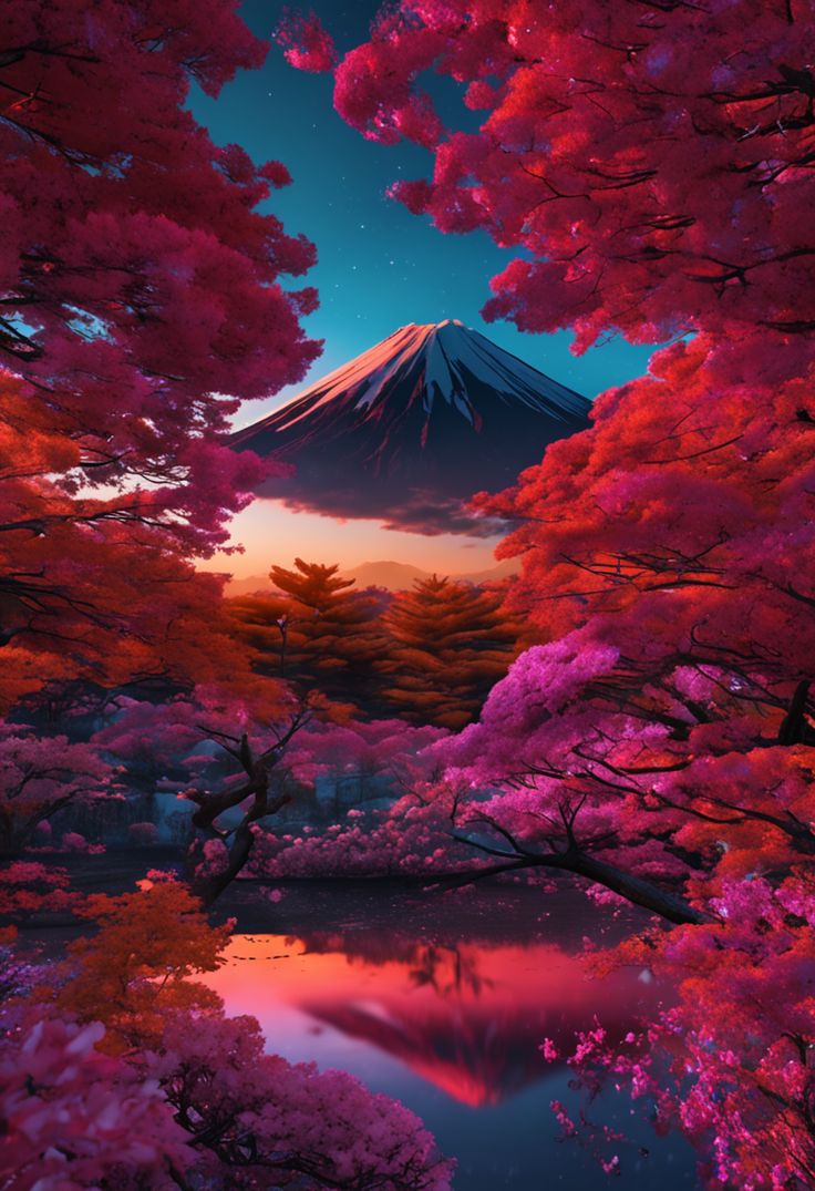 An Image Of A Mountain That Is In The Sky With Trees And Flowers Around It Wallpaper