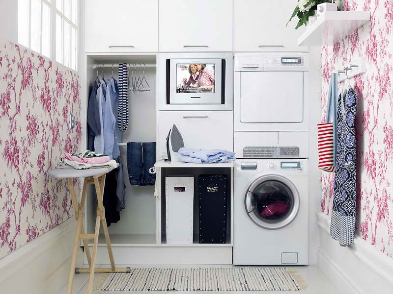 Space Beautiful Laundry Room Organization Ideas With Floral Wallpaper