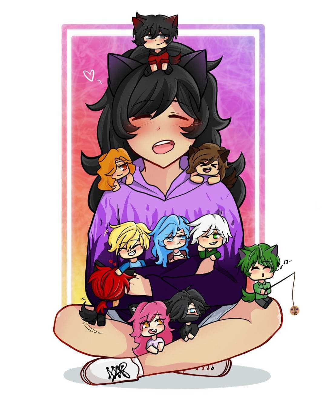 Fan art depicting Aphmau surrounded by chibi versions of characters from the MyStreet series