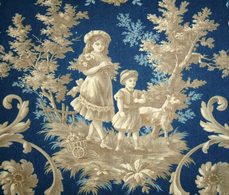 18th Century Antique French Toile Wallpaper Prussian Blue