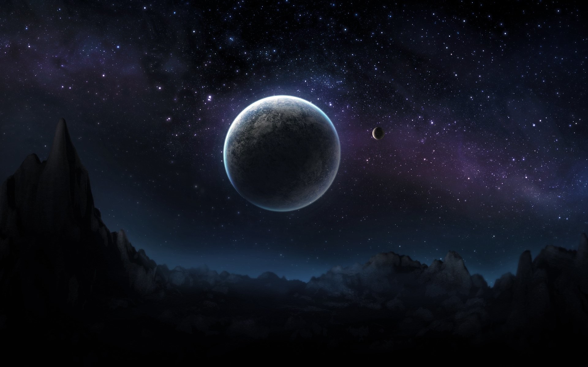 Dark, rocky landscape under a starry night sky with a large planet and a smaller moon in view