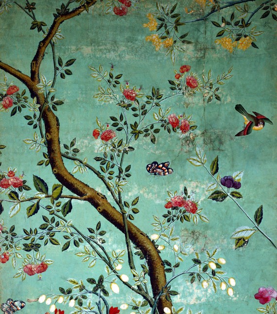 Chinese Wallpaper With Flowering Shrubs And Fruit Bees On