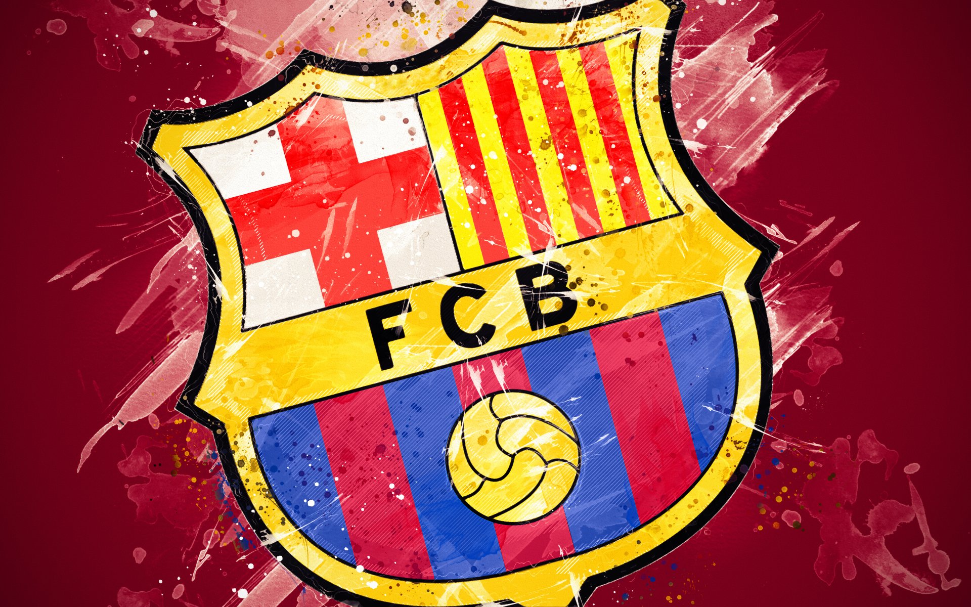 A stylized, artistic rendition of the FC Barcelona logo, featuring vibrant colors and abstract paint splatters, ideal for a 4k wallpaper