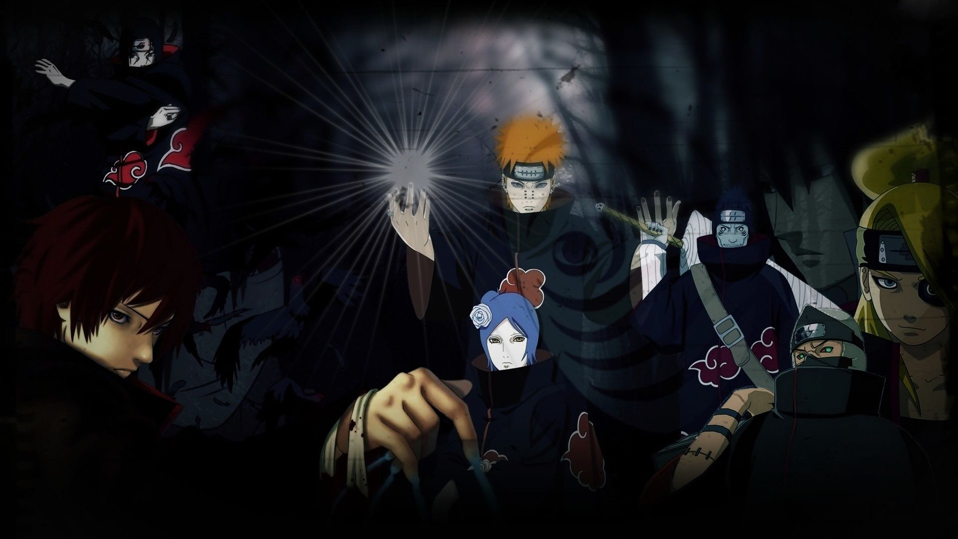 A dark and dramatic image featuring several members of the Akatsuki organization from Naruto Shippuden