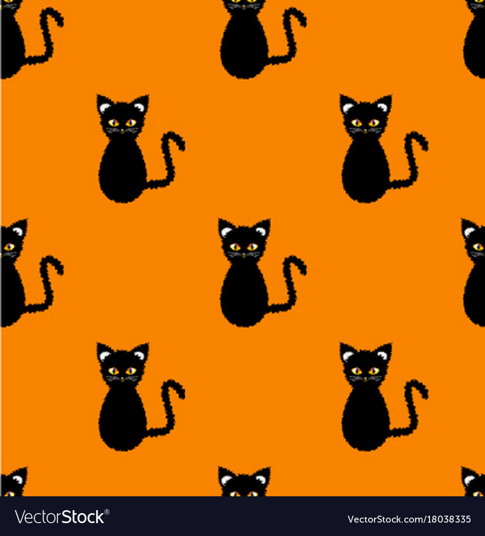 Black Cat Seamless On Orange Background Royalty Vector