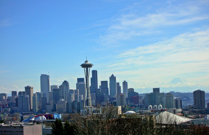Seattle Skyline Space Needle Downtown And Mt Rainier In Background