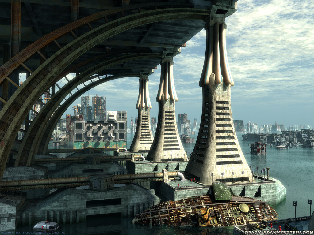 Wallpaper Bridge of city 3D science fiction wallpaper