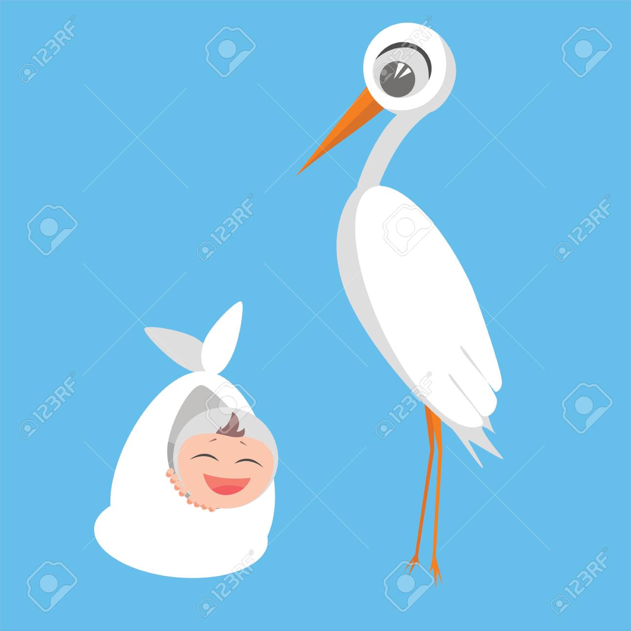 Stork Near Smiling Baby Set Birds Cartoon Characters