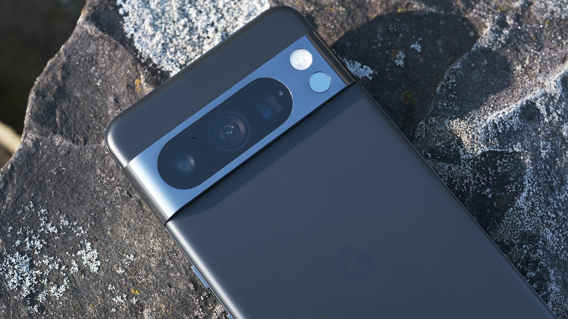 Close-up of the Google Pixel 7 Pro camera bar showcasing its dual lenses and sensors