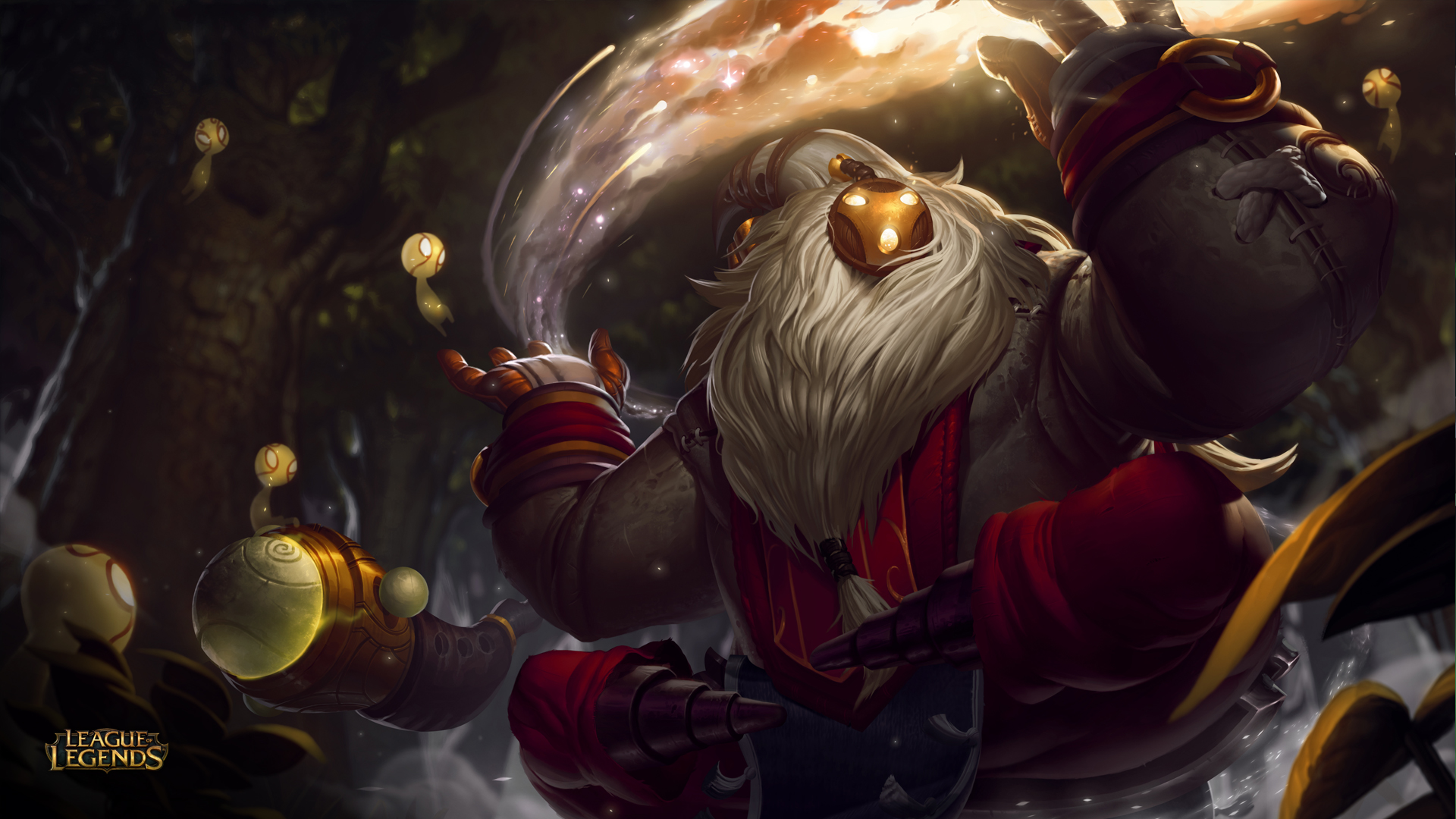 Bard, the Wandering Caretaker, manipulating magical energy in a League of Legends splash art