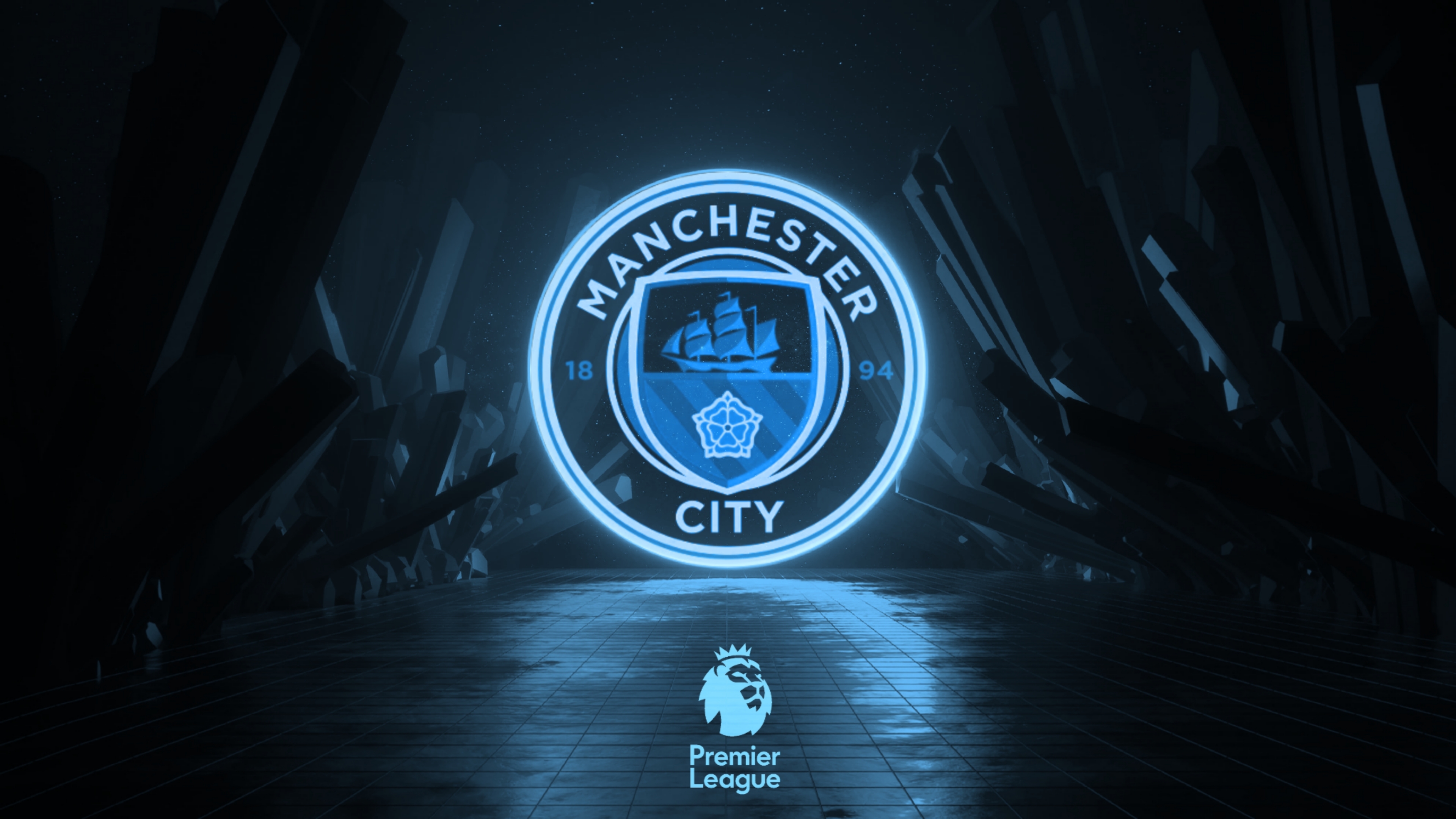 A futuristic, neon-lit 4k wallpaper featuring the Manchester City logo, set against a backdrop of dark, abstract shapes and the Premier League logo