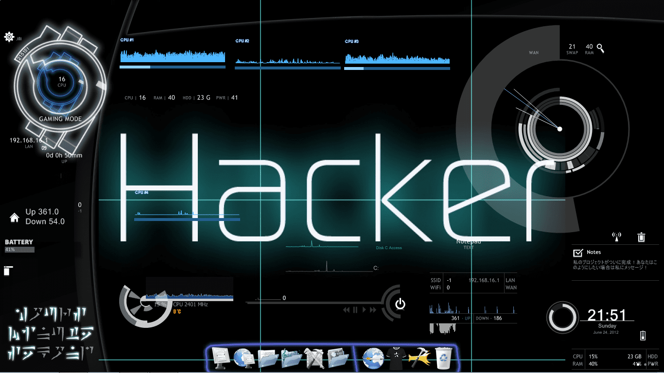 A cool hacker wallpaper with a futuristic interface displaying system information, network status, and CPU usage