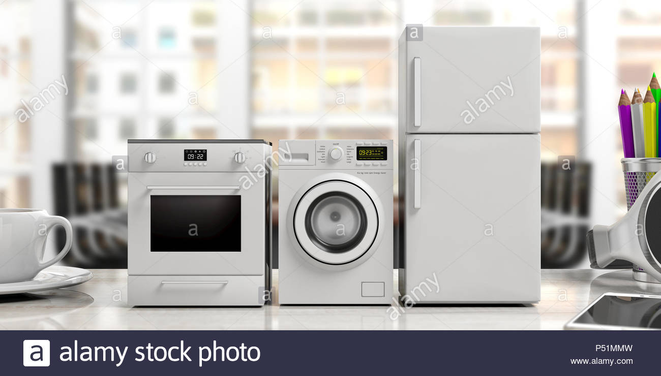 Home Appliances Set On Office Desk Blur Business Background 3d