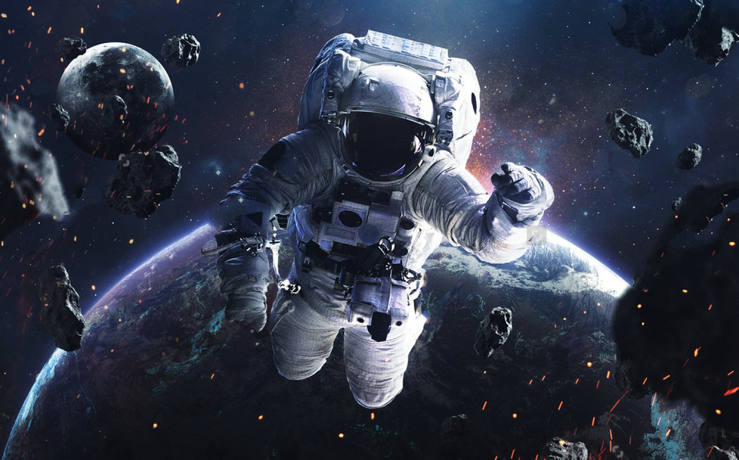 outer space astronaut spacewalking glowing stars asteroids science