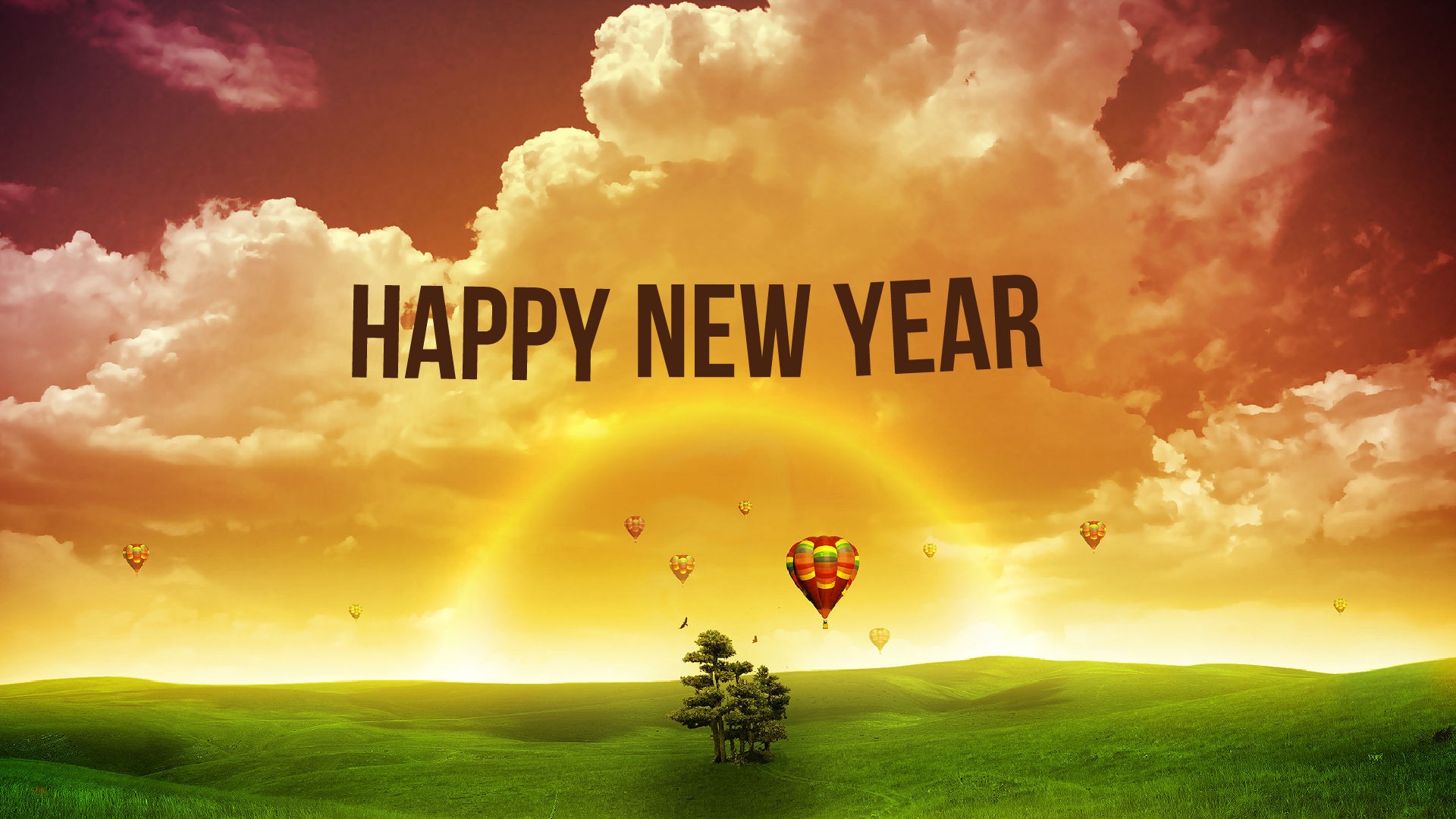 Happy New Year greeting card with a scenic landscape at sunrise and hot air balloons floating in the distance