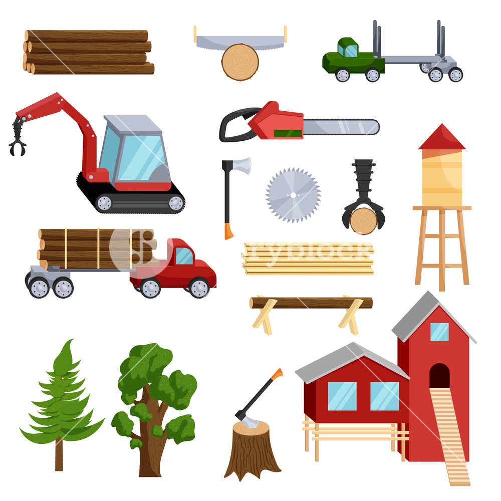Timber Industry Icons Set In Cartoon Style Isolated On White