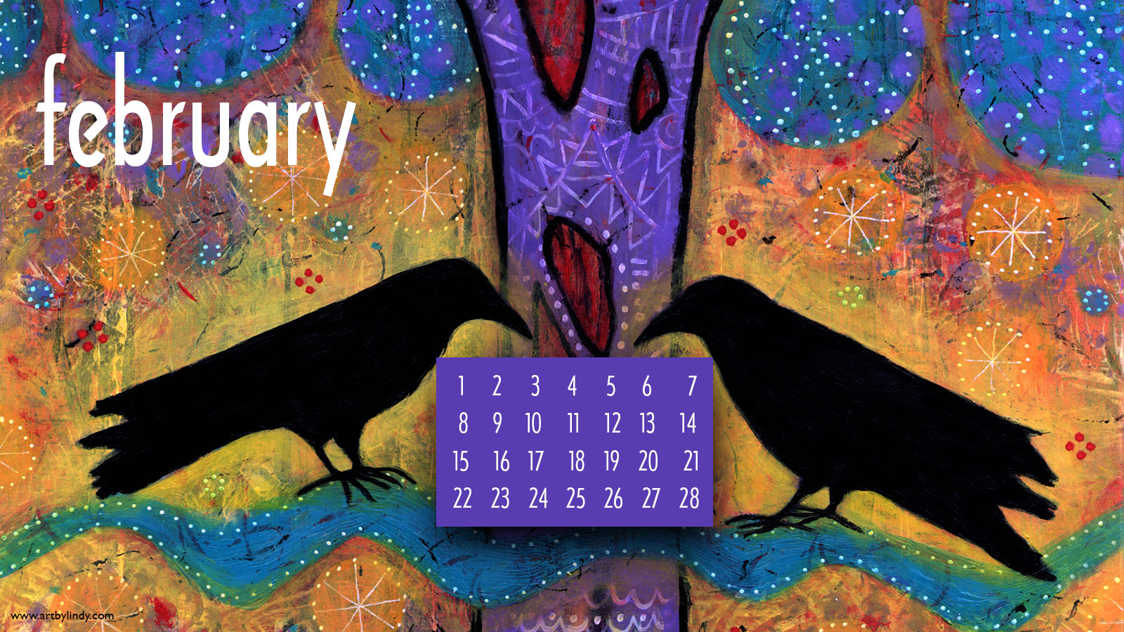 February Desktop Wallpaper Calendar Colorful Whimsical Art