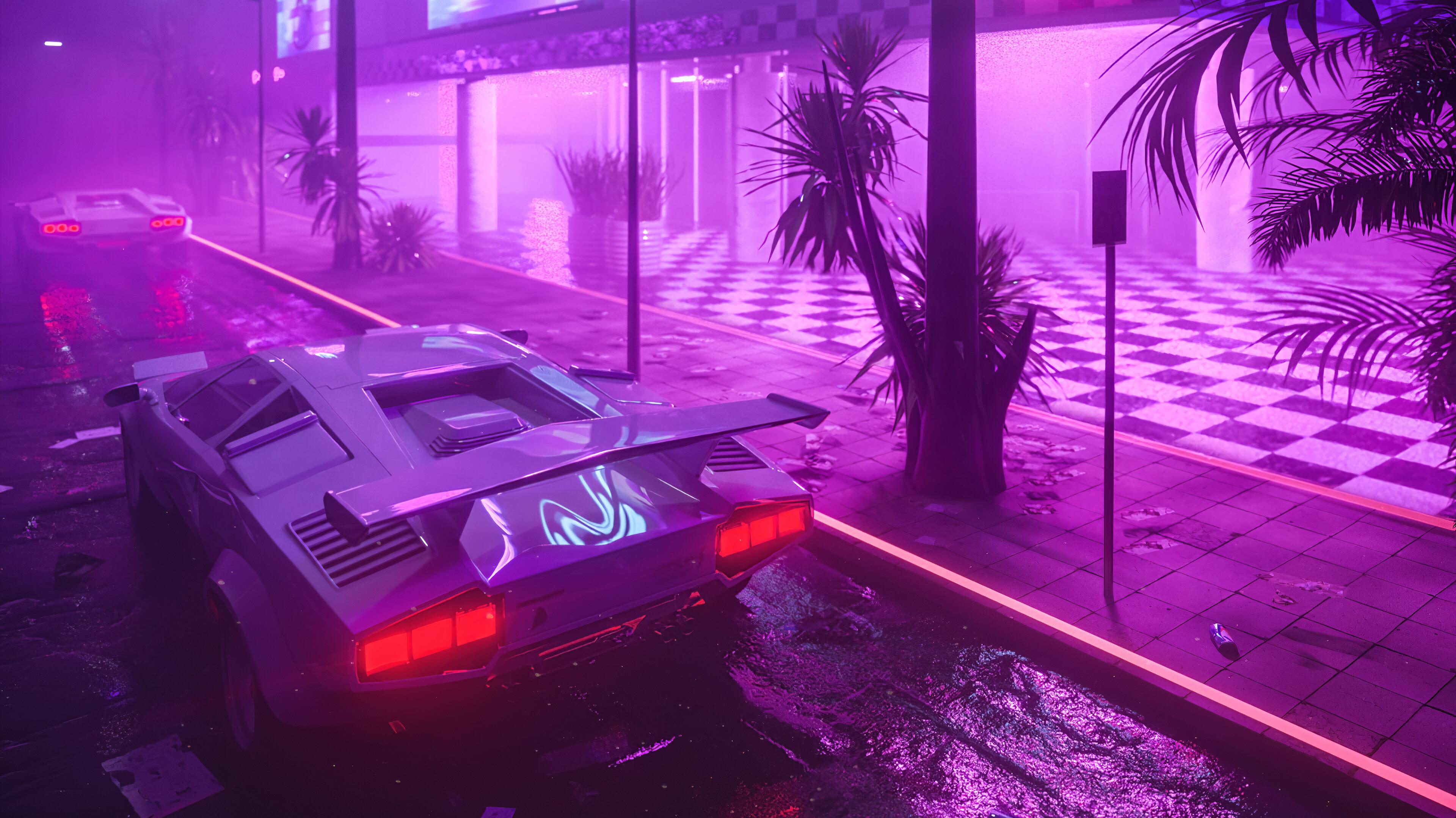 Lamborghini Car Neon Night Digital Art 4k Wallpaper