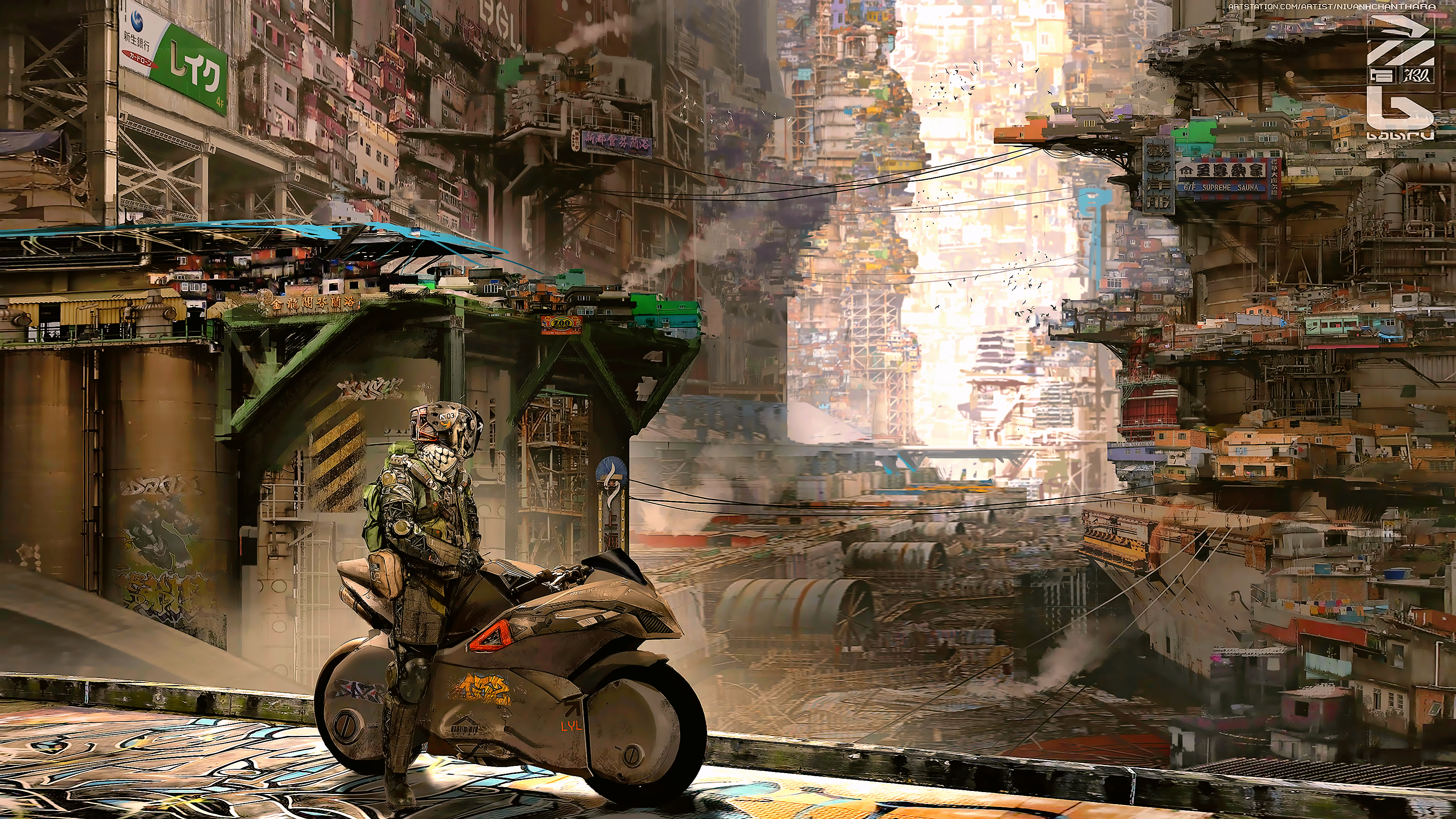 A cyberpunk cityscape with a lone rider on a futuristic motorcycle. Buildings are stacked high, and the atmosphere is gritty and polluted