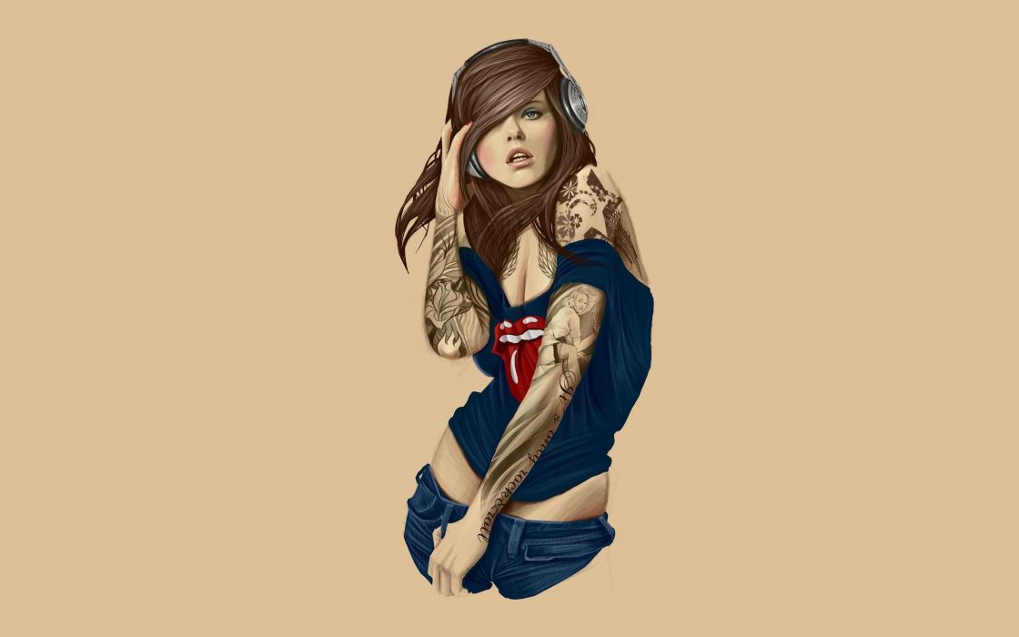 Art Girl Drawing Tattoo Headphones Music Wallpaper