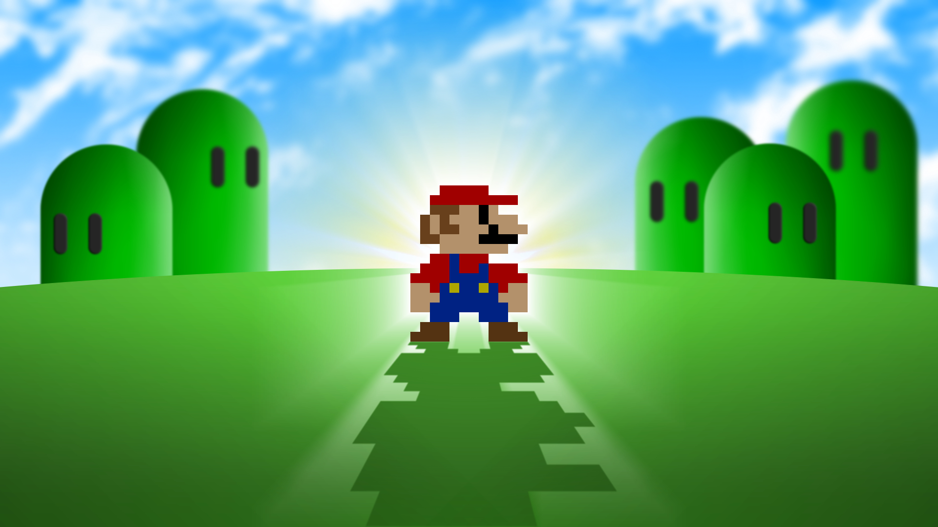 Retro pixel art of Mario standing in a field with green hills in the background, a classic Super Mario Bros. scene