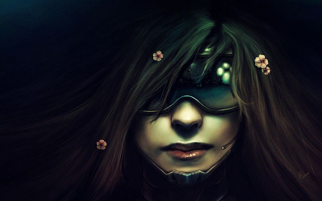 Women Flowers Futuristic Glasses Long Hair Cyberpunk Masks Artwork