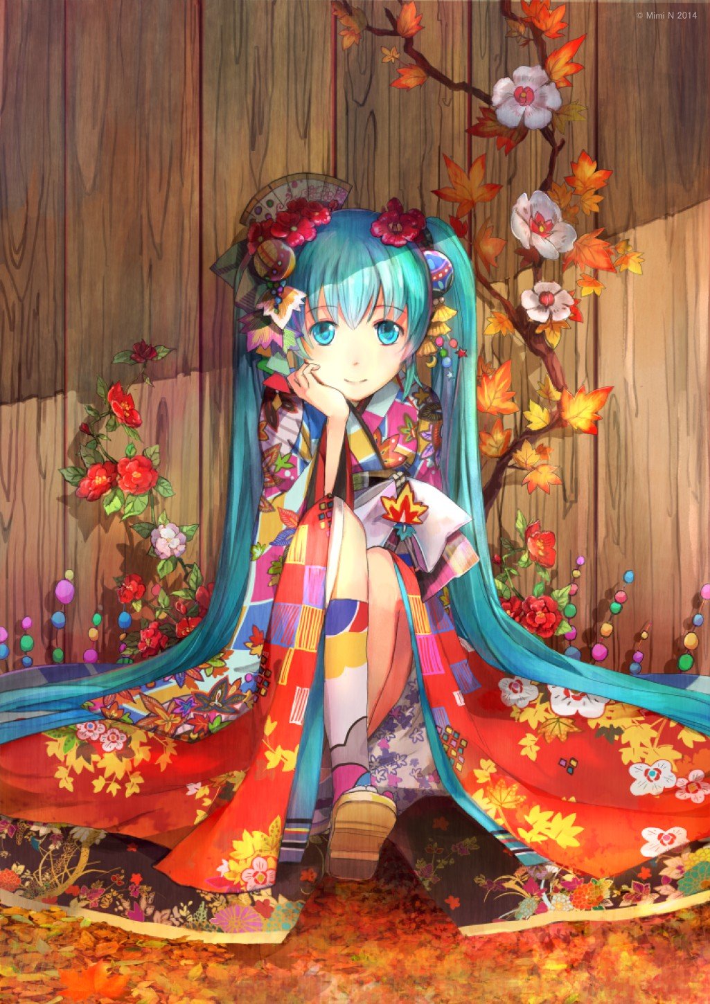 Vocaloid Hatsune Miku Flowers Petals Traditional Clothing Anime Girls Kimono HD Wallpaper