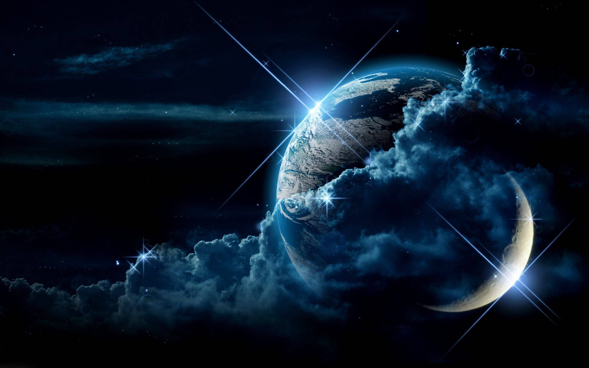 Stunning 4K wallpaper of Earth and crescent moon in a starry night sky, perfect for PC desktops