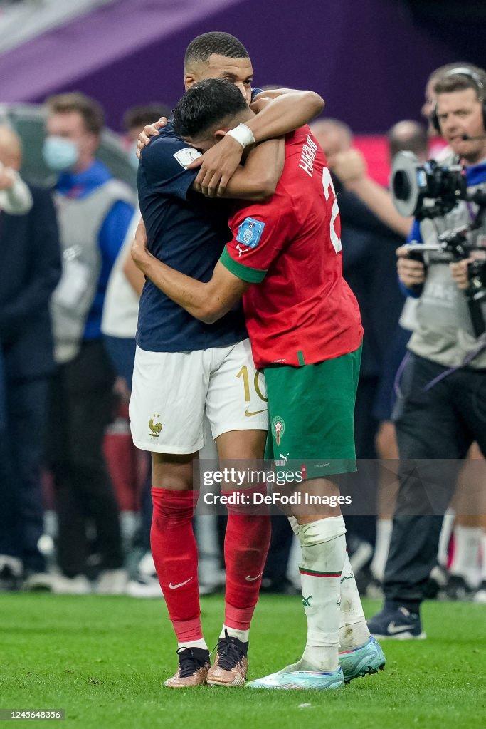 Kylian Mbappe Of France And Achraf Hakimi Morocco Hug Each