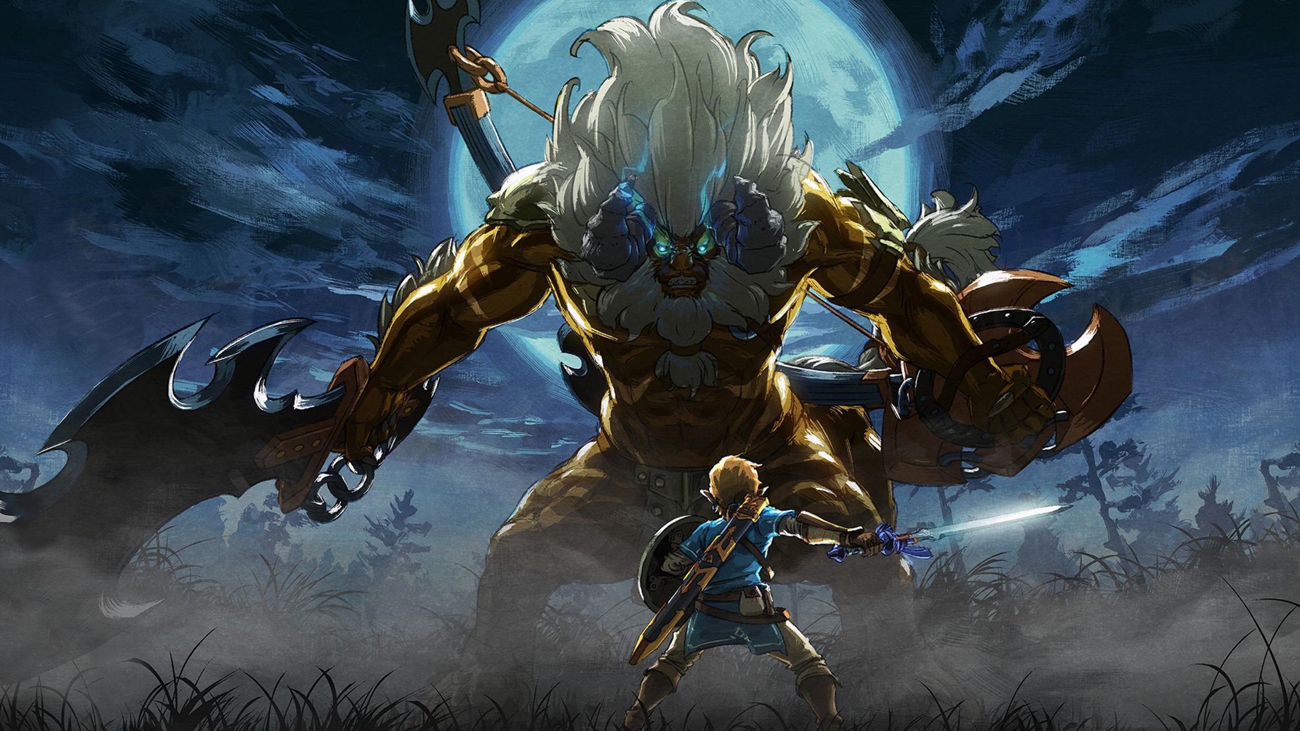 Link facing a towering, golden-furred monster with glowing blue eyes in a moonlit scene from Legend of Zelda