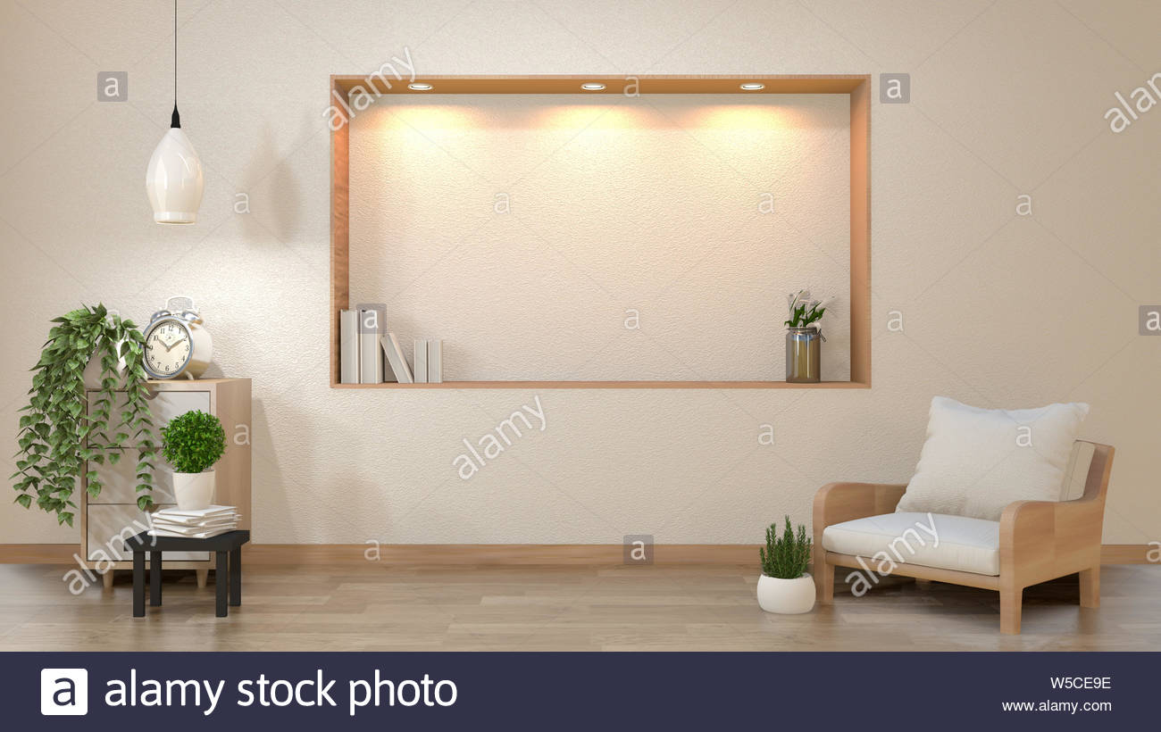 Zen Living Room Empty White Wall Background With Decoration Japan