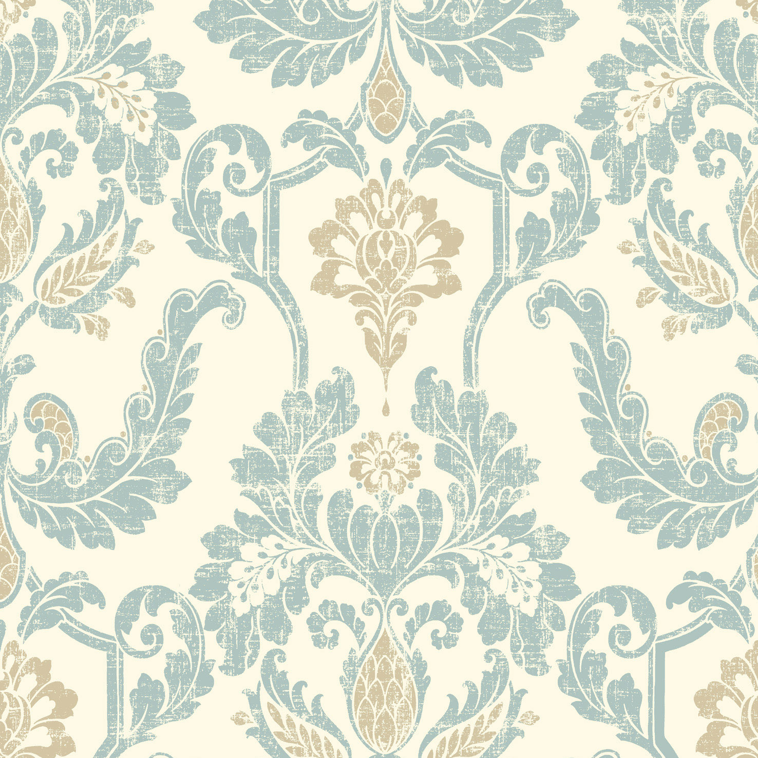 Damask With Soft Blue And Gold Textured Prints On A Cream Ground