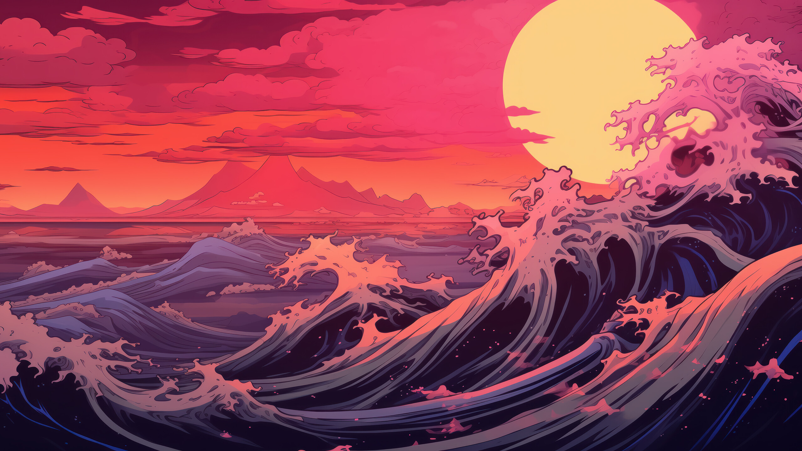 Ocean Wave Sunset Japanese Art 4k Wallpaper