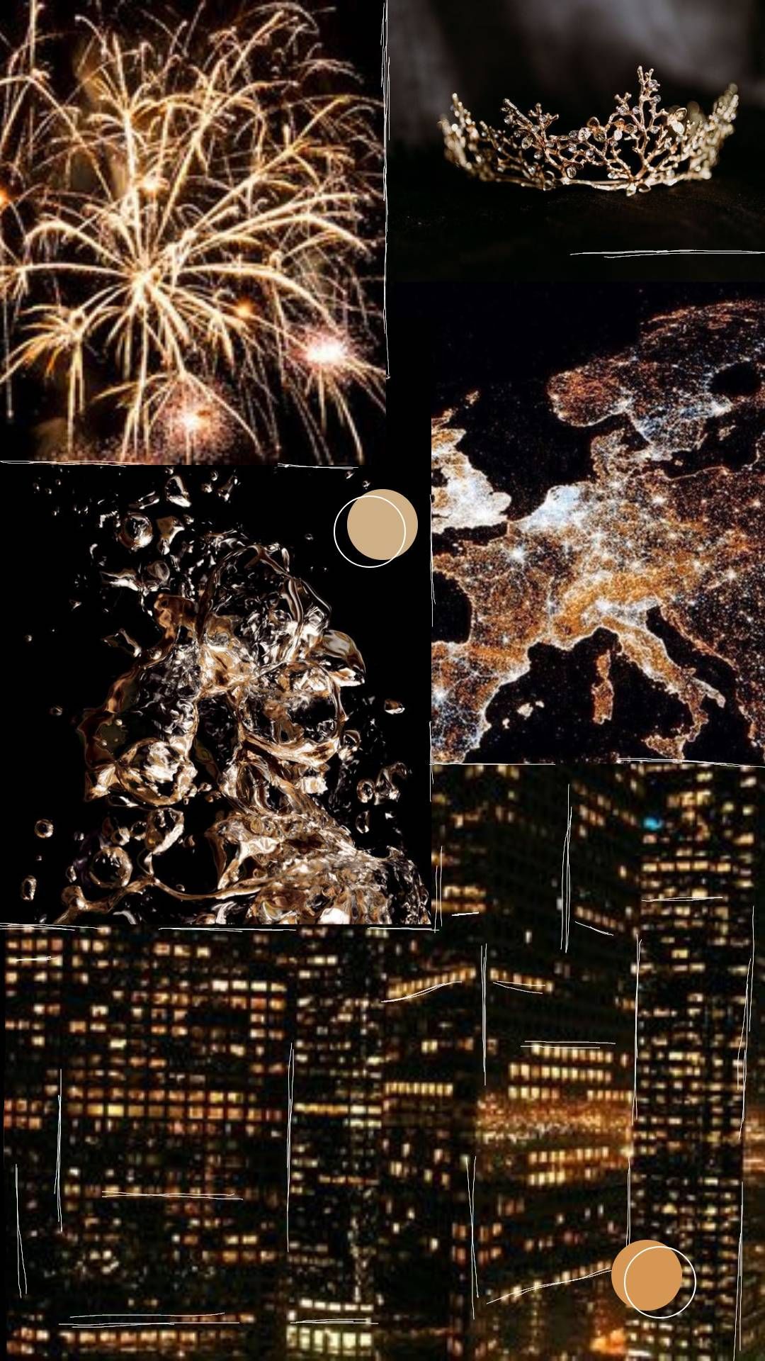 A collage of black and gold images for a phone wallpaper, featuring fireworks, a crown, water, a night-time view of Earth, and a cityscape at night