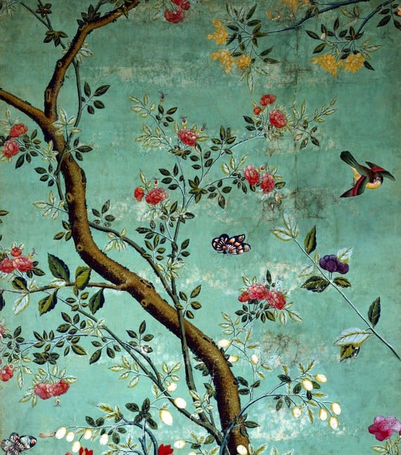 Chinese Wallpaper Wallpaper with flowering shrubs and fruit bees on